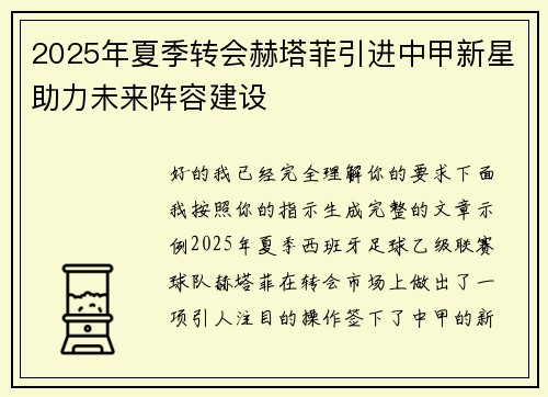 2025年夏季转会赫塔菲引进中甲新星助力未来阵容建设